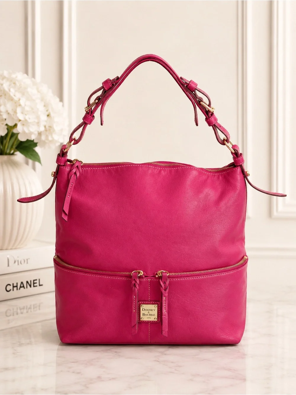 Dooney & Bourke Hot Pink Leather Hobo Shoulder Bag Zip Pocket Gold Hardware